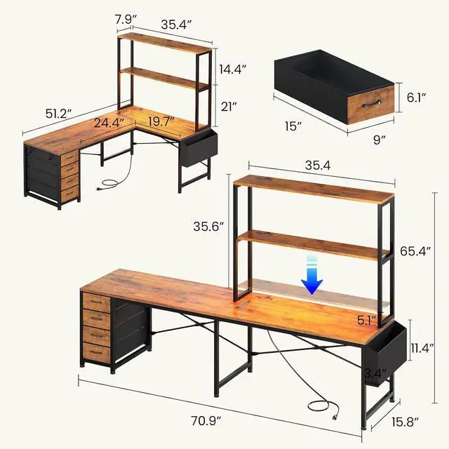 Alt view image 2 of 7 - L Shaped Gaming Desk, 51.2" Reversible Small Corner Desk with 4 Drawer, Power Outlet & LED Lights, Home Office Desk with Storage Shelves for Small Space, Rustic Brown
