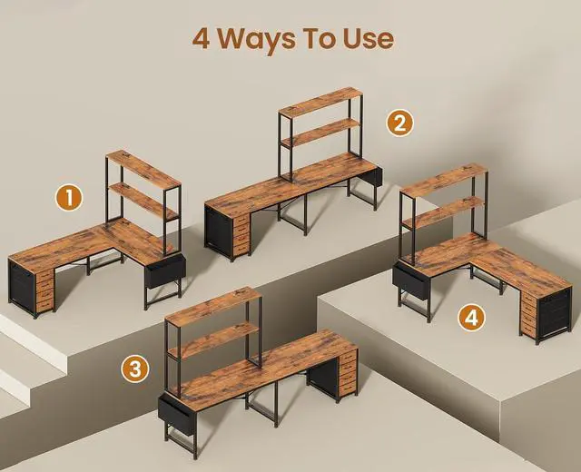 Alt view image 7 of 7 - L Shaped Gaming Desk, 51.2" Reversible Small Corner Desk with 4 Drawer, Power Outlet & LED Lights, Home Office Desk with Storage Shelves for Small Space, Rustic Brown