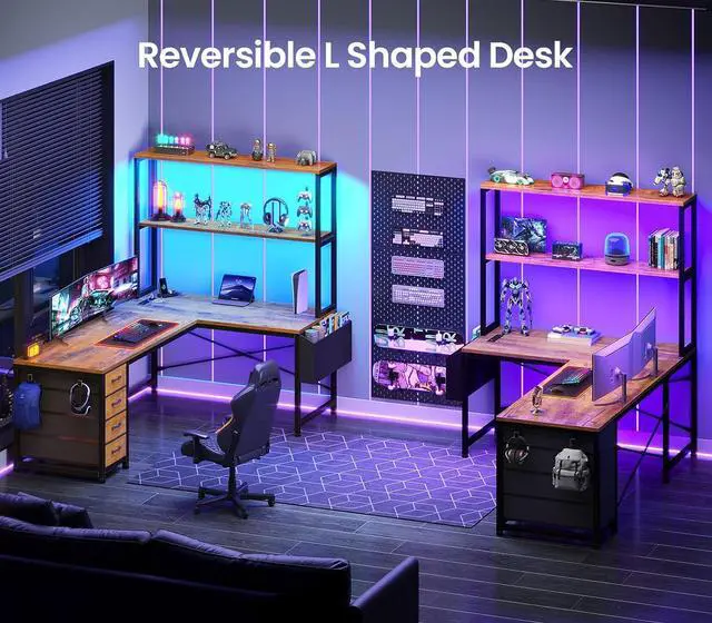 Alt view image 5 of 7 - L Shaped Gaming Desk, 51.2" Reversible Small Corner Desk with 4 Drawer, Power Outlet & LED Lights, Home Office Desk with Storage Shelves for Small Space, Rustic Brown
