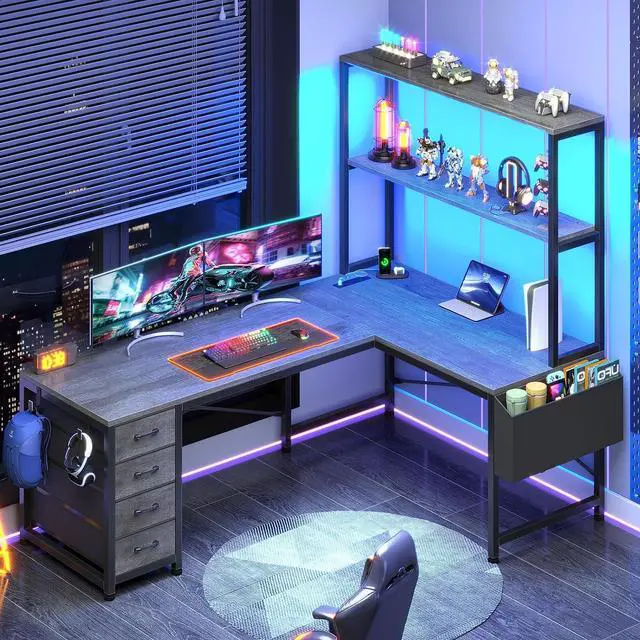 Main image of L Shaped Gaming Desk, 51.2" Reversible Small Corner Desk with 4 Drawer, Power Outlet & LED Lights, Home Office Desk with Storage Shelves for Small Space, Gray