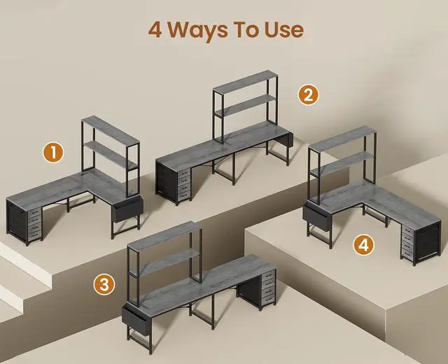 Alt view image 7 of 7 - L Shaped Gaming Desk, 51.2" Reversible Small Corner Desk with 4 Drawer, Power Outlet & LED Lights, Home Office Desk with Storage Shelves for Small Space, Gray