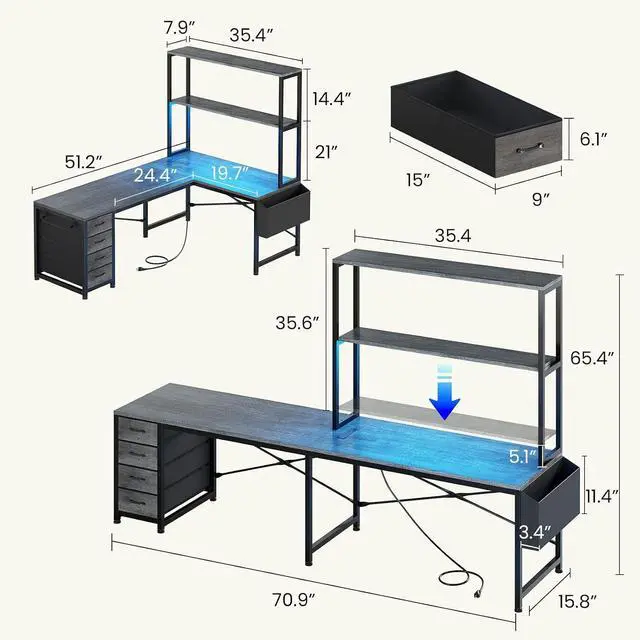 Alt view image 4 of 7 - L Shaped Gaming Desk, 51.2" Reversible Small Corner Desk with 4 Drawer, Power Outlet & LED Lights, Home Office Desk with Storage Shelves for Small Space, Gray