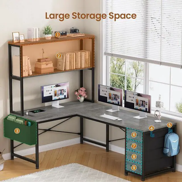 Alt view image 5 of 7 - L Shaped Gaming Desk, 51.2" Reversible Small Corner Desk with 4 Drawer, Power Outlet & LED Lights, Home Office Desk with Storage Shelves for Small Space, Gray