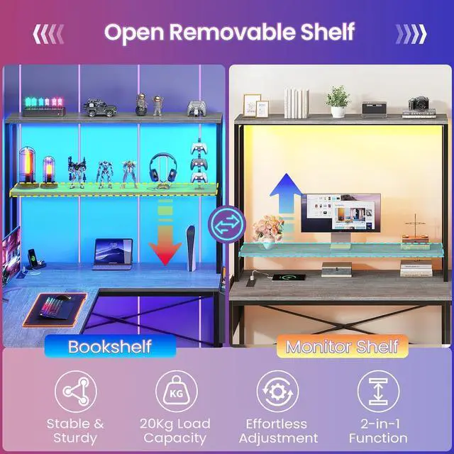 Alt view image 2 of 7 - L Shaped Gaming Desk, 51.2" Reversible Small Corner Desk with 4 Drawer, Power Outlet & LED Lights, Home Office Desk with Storage Shelves for Small Space, Gray