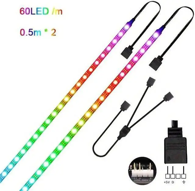 Alt view image 6 of 6 - RGB Strip Light for PC Case, 2x19.7in 60LEDs Addressable LED Strip for Motherboard 5V 3-Pin Header Gaming Case DIY Lighting