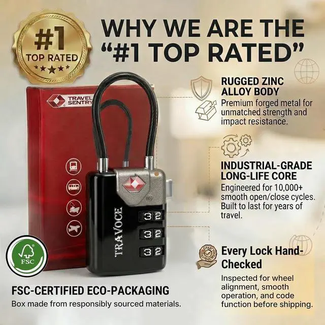Alt view image 3 of 7 - TSA Approved Luggage Locks - Heavy Duty 3 Digit Combination Cable Lock, Search Alert for Suitcases, Backpacks, Golf Bags, Tents, Violin and Camera Cases, 4 Pack, Black