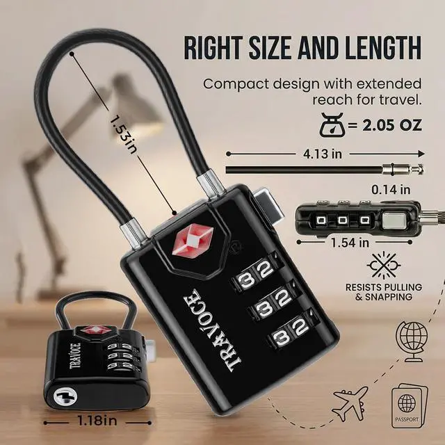 Alt view image 2 of 7 - TSA Approved Luggage Locks - Heavy Duty 3 Digit Combination Cable Lock, Search Alert for Suitcases, Backpacks, Golf Bags, Tents, Violin and Camera Cases, 4 Pack, Black