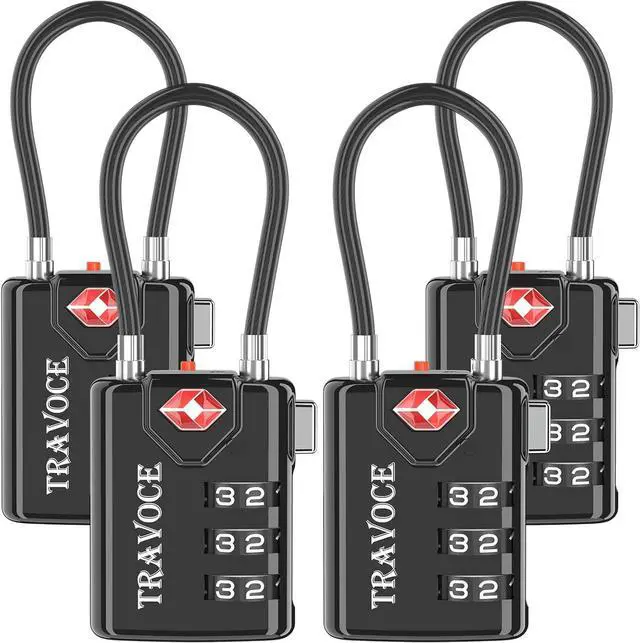 Main image of TSA Approved Luggage Locks - Heavy Duty 3 Digit Combination Cable Lock, Search Alert for Suitcases, Backpacks, Golf Bags, Tents, Violin and Camera Cases, 4 Pack, Black