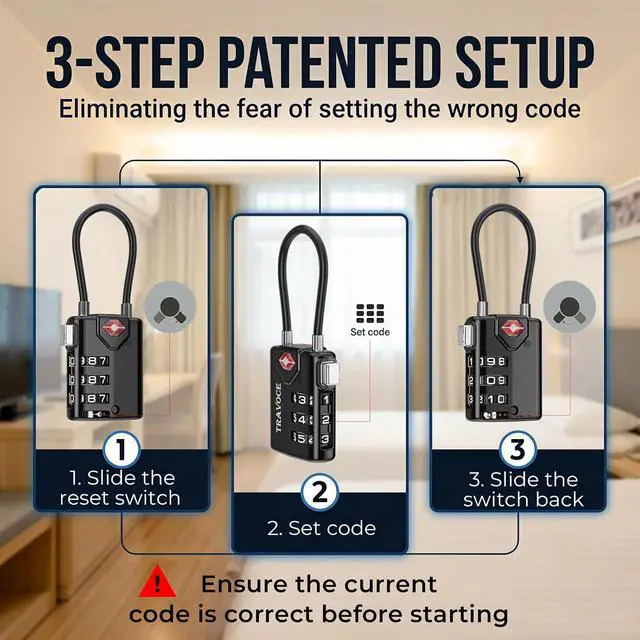 Alt view image 7 of 7 - TSA Approved Luggage Locks - Heavy Duty 3 Digit Combination Cable Lock, Search Alert for Suitcases, Backpacks, Golf Bags, Tents, Violin and Camera Cases, 4 Pack, Black