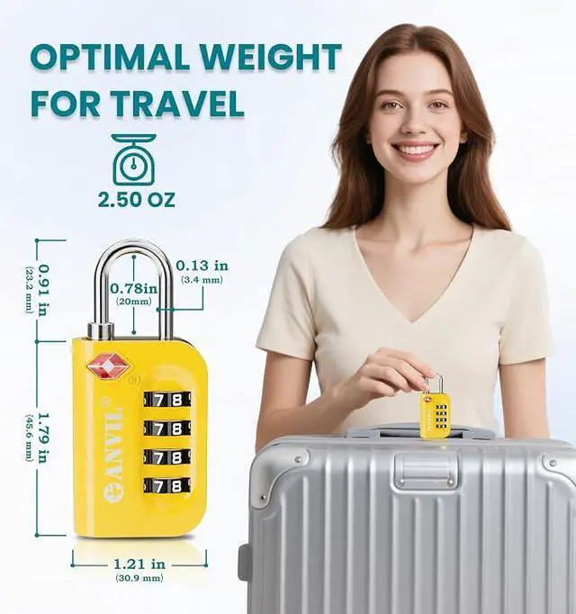 Alt view image 6 of 6 - TSA Approved Luggage Lock - 4 Digit Combination, 10,000 Combinations, Easy-Read Password Window, Travel Lock for Suitcases, Backpacks, Gym & Student Lockers, Baggage, YELLOW 6 PACK