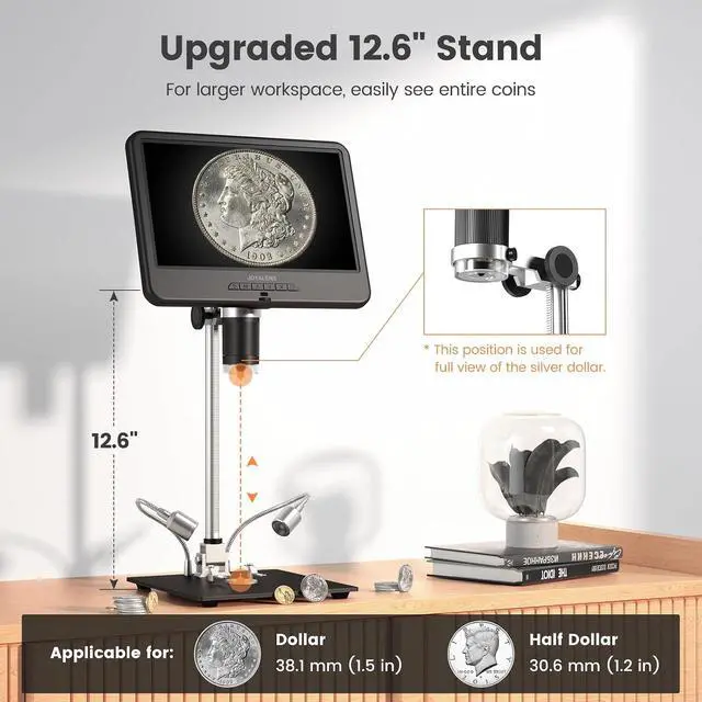 Alt view image 4 of 7 - 10.1'' Digital Microscope for Adults, Coin Magnifier Microscopes Full View for Error Coins, Soldering Electronics Microscopes Camera, 8 LED, 12.6" Metal Stand, PC View, 32GB