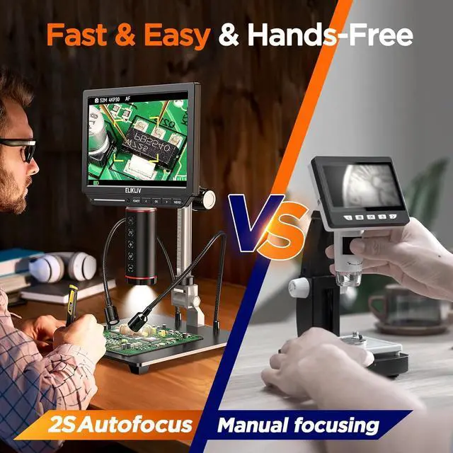 Alt view image 3 of 7 - Autofocus 4K Digital Microscope EM4K-AF, 52MP Soldering Microscope for PCB Repair, Coin Inspection & Watchmaking, 2000X Magnifier Scope, 8" IPS Screen, HDMI/USB Output, 10" Stand, 16GB Card