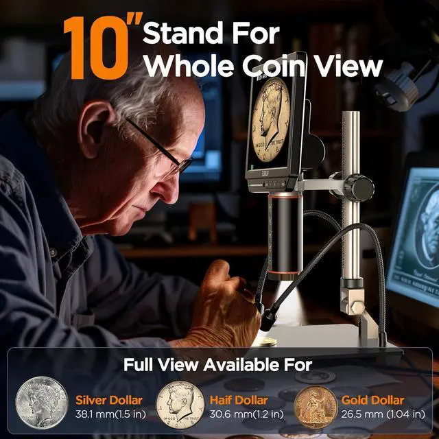 Alt view image 2 of 7 - Autofocus 4K Digital Microscope EM4K-AF, 52MP Soldering Microscope for PCB Repair, Coin Inspection & Watchmaking, 2000X Magnifier Scope, 8" IPS Screen, HDMI/USB Output, 10" Stand, 16GB Card