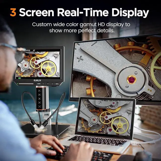 Alt view image 4 of 7 - Autofocus 4K Digital Microscope EM4K-AF, 52MP Soldering Microscope for PCB Repair, Coin Inspection & Watchmaking, 2000X Magnifier Scope, 8" IPS Screen, HDMI/USB Output, 10" Stand, 16GB Card