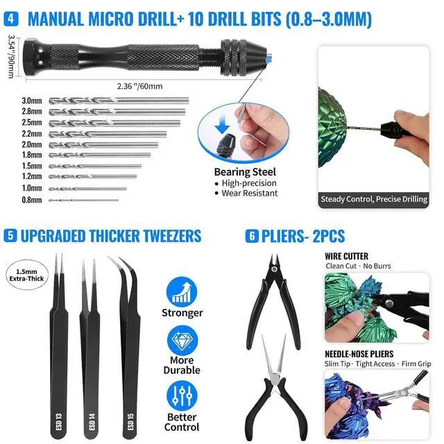 Alt view image 2 of 7 - 68Pcs 3D Printer Tools Kit with Storage Case, 3D Printer Accessories - Deburring Tool, 3D Printer Removing Scrapers, Metal Files, Brushes, Hand Drill, Tweezers, for Bambu Lab, Ender 3, Kobra, etc.