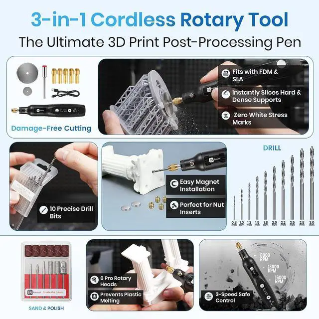 Alt view image 2 of 7 - 184Pcs 3D Printer Tools Kit with Hanging Organizer, 3D Printer Accessories, Cordless Rotary Tool, Heat Gun, Digital Soldering Iron, PTFE Nozzle Anti-Stick Coating, for All FDM/SLA, Bambu Lab, Ender 3