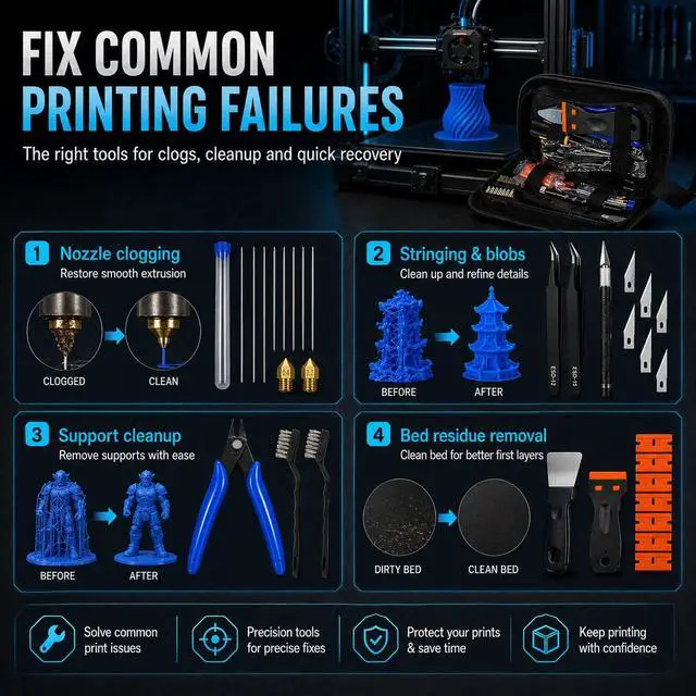 Alt view image 4 of 7 - 3D Printer Accessories Tool Kit - 58 Pcs Solve 99% Print Failure Cleaning | Printing Tools with Scraper Brush Plier Needles Cutter for Unclog Nozzle Support Removal Model Finish for All FDM Printers