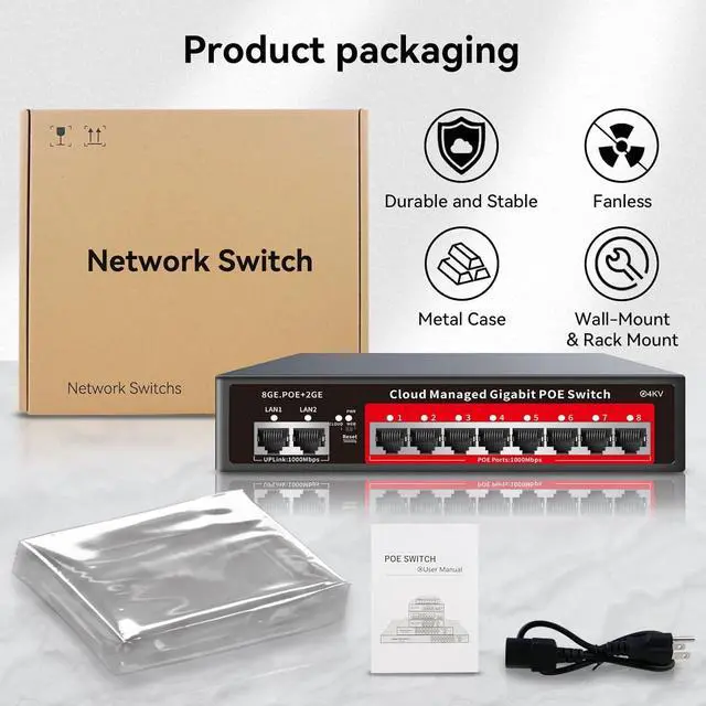 Alt view image 3 of 7 - 8 Port Gigabit PoE Switch with 2 Gigabit Uplink, 120W Built-in Power, 802.3af/at Compliant, Managed PoE+ Switch Support VLAN, QoS, Fanless Metal, Plug and Play(Desktop/Wall Mount)