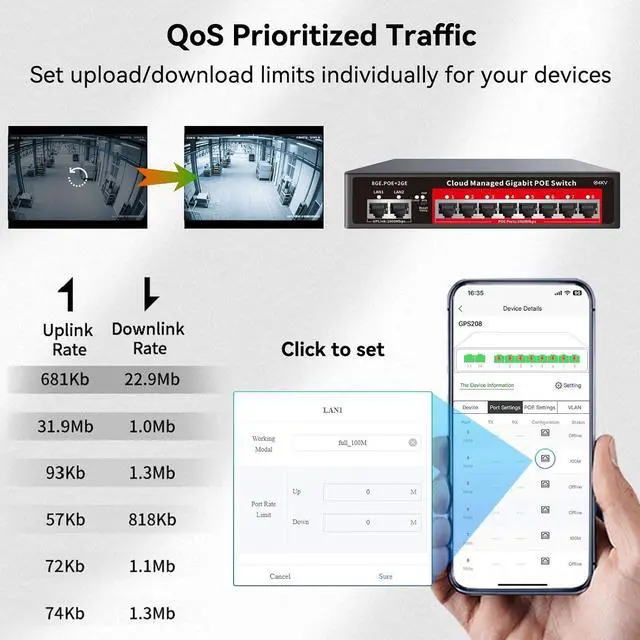 Alt view image 6 of 7 - 8 Port Gigabit PoE Switch with 2 Gigabit Uplink, 120W Built-in Power, 802.3af/at Compliant, Managed PoE+ Switch Support VLAN, QoS, Fanless Metal, Plug and Play(Desktop/Wall Mount)