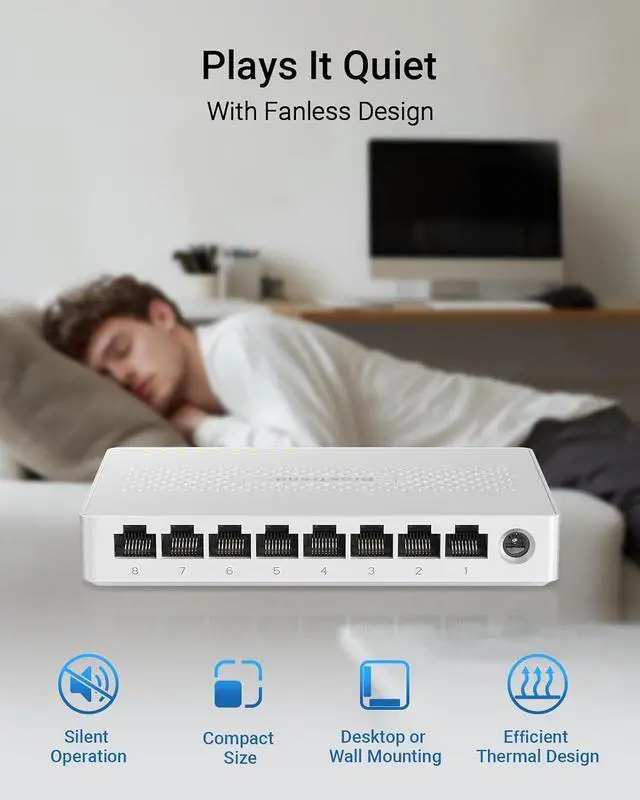 Alt view image 3 of 7 - 2.5Gb Switch, 8 Port Network Switch 2.5 Gigabit, Unmanaged Ethernet Switch for Game Console, NAS, PC, Computer Networking Switch Plug & Play Fanless, Desktop Wall Mount, Lifetime Protection
