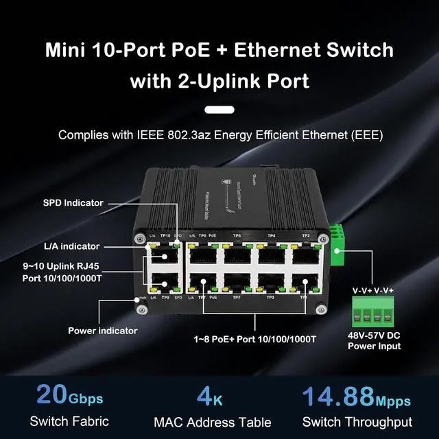 Alt view image 5 of 7 - Industrial Hardened 10 Port Gigabit Ethernet PoE Switch, 8-Port 802.3at PoE+, 2 Uplink Ethernet Din Rail Switch, 20Gbps Switch Fabric, PoE Budget 240W for IP Camera,IP Phone,Wireless AP