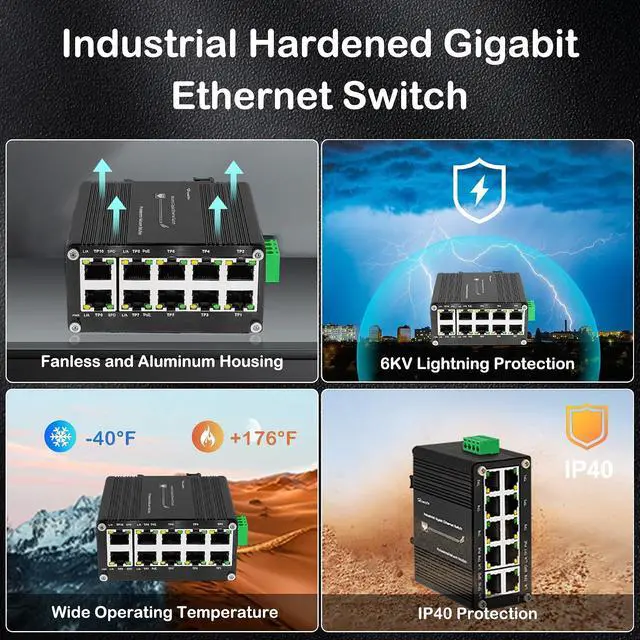 Alt view image 7 of 7 - Industrial Hardened 10 Port Gigabit Ethernet PoE Switch, 8-Port 802.3at PoE+, 2 Uplink Ethernet Din Rail Switch, 20Gbps Switch Fabric, PoE Budget 240W for IP Camera,IP Phone,Wireless AP