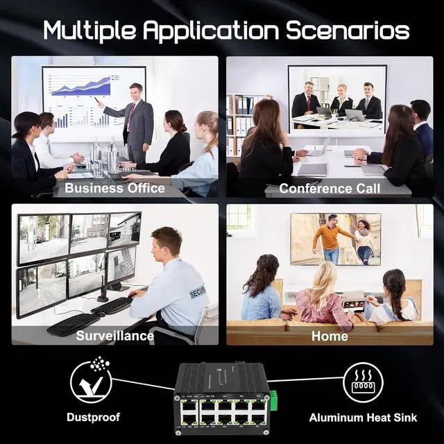 Alt view image 6 of 7 - Industrial Hardened 10 Port Gigabit Ethernet PoE Switch, 8-Port 802.3at PoE+, 2 Uplink Ethernet Din Rail Switch, 20Gbps Switch Fabric, PoE Budget 240W for IP Camera,IP Phone,Wireless AP