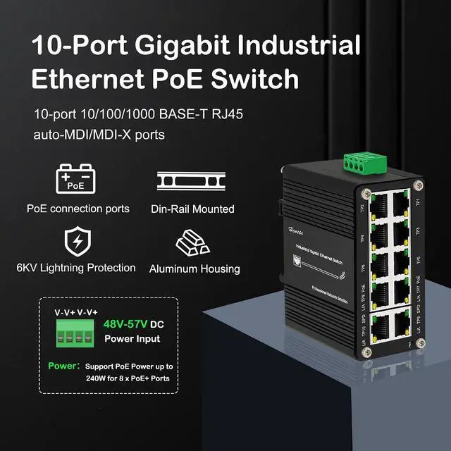 Alt view image 2 of 7 - Industrial Hardened 10 Port Gigabit Ethernet PoE Switch, 8-Port 802.3at PoE+, 2 Uplink Ethernet Din Rail Switch, 20Gbps Switch Fabric, PoE Budget 240W for IP Camera,IP Phone,Wireless AP