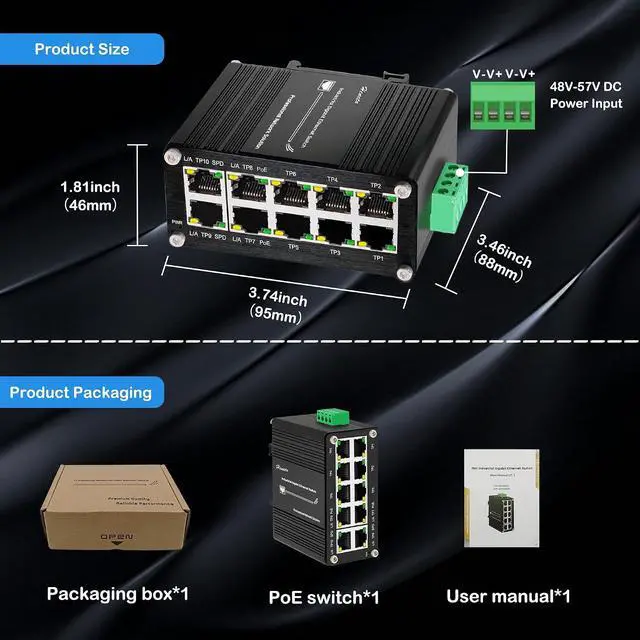 Alt view image 3 of 7 - Industrial Hardened 10 Port Gigabit Ethernet PoE Switch, 8-Port 802.3at PoE+, 2 Uplink Ethernet Din Rail Switch, 20Gbps Switch Fabric, PoE Budget 240W for IP Camera,IP Phone,Wireless AP