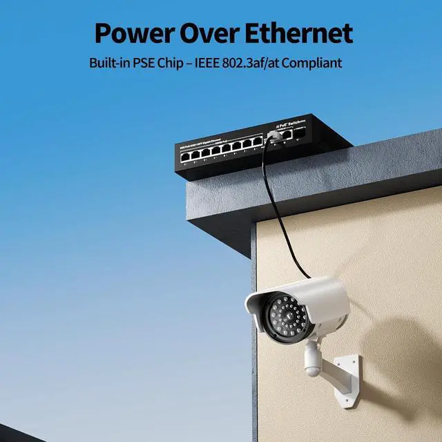 Alt view image 3 of 7 - 8 Port Gigabit PoE+ Switch, 2 Uplink Ports & 1 SFP Fiber Slot, 120W PoE Power Budget, IEEE 802.3af/at, Unmanaged Network Switch, Fanless Metal, Plug & Play for IP Cameras, Wireless AP