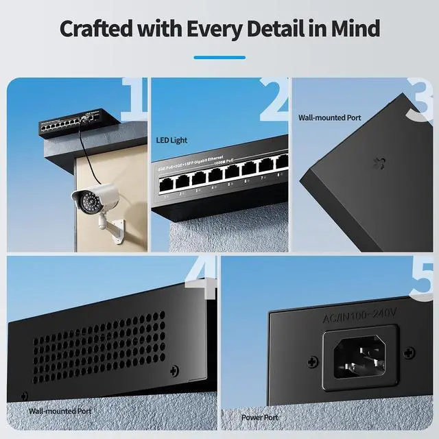 Alt view image 6 of 7 - 8 Port Gigabit PoE+ Switch, 2 Uplink Ports & 1 SFP Fiber Slot, 120W PoE Power Budget, IEEE 802.3af/at, Unmanaged Network Switch, Fanless Metal, Plug & Play for IP Cameras, Wireless AP