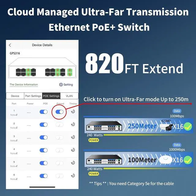 Alt view image 6 of 7 - 16-Port Gigabit PoE+ Switch for Small Business, Easy Managed, 240W Built-in High-Power for IP Cameras/APs, 2 Gigabit Uplinks + 1 Combo SFP Slot, VLAN & 250m Extend, Plug & Play Rack-mountable