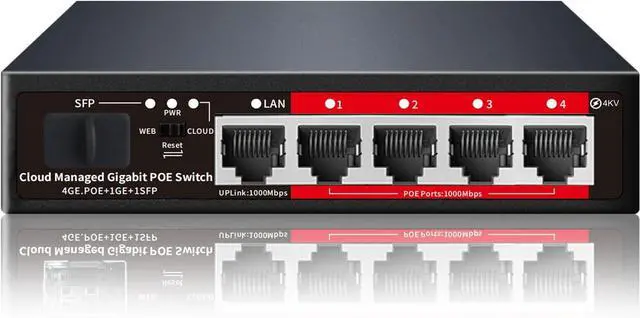 Main image of Poe Switch, 5 Port Gigabit PoE+ Switch, Easy Managed Gigabit Ethernet Switch, 4 Poe Ports @52W, 1 Uplink Ports, 1 SFP Slot, APP Smart Managed, Overload Protection w/ Port