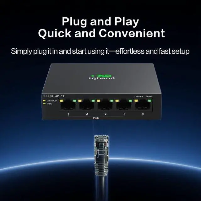 Alt view image 5 of 7 - ES220 Unmanaged Switch with One-Click VLAN | 5-Port Gigabit Ethernet Hub with 52W Power Output | Fanless Metal Case for Security Cameras, VoIP Phones & WiFi AP (5-Port Gigabit PoE Switch)