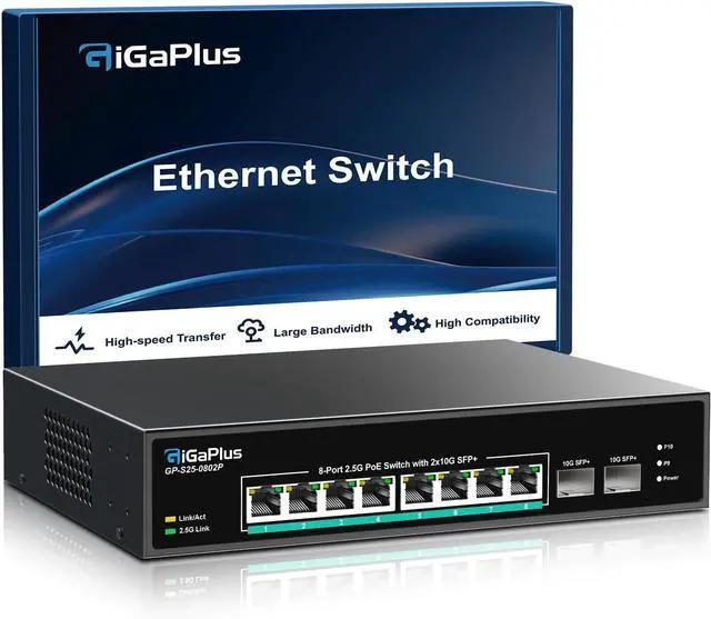 Main image of 10 Port 2.5Gb Unmanaged PoE Switch with 8*2.5G Base-T PoE Ports, 2*10G SFP+ Uplink, 802.3af/at (PoE+), 80Gbps Switching Capacity, 2.5G PoE Switch for 2.5Gb NAS/PC, WiFi6 Router, Wireless AP