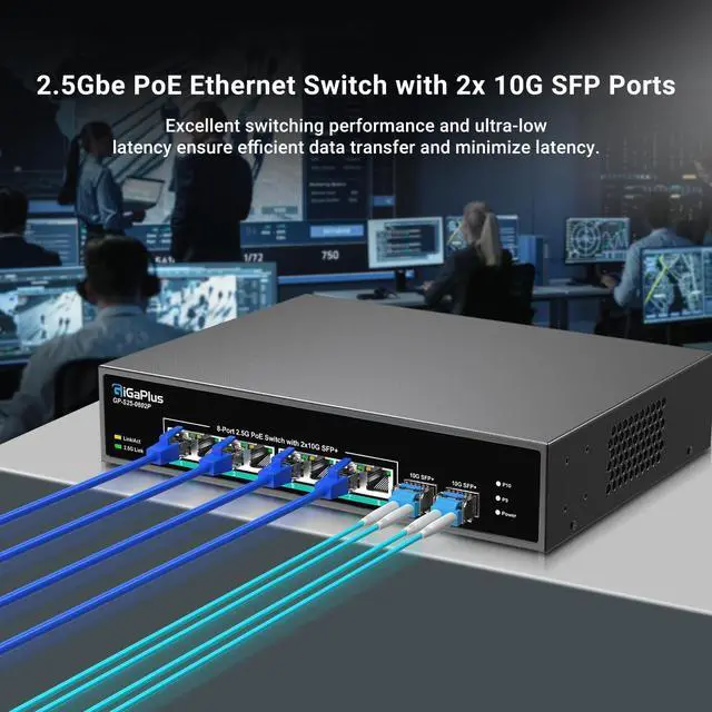 Alt view image 6 of 7 - 10 Port 2.5Gb Unmanaged PoE Switch with 8*2.5G Base-T PoE Ports, 2*10G SFP+ Uplink, 802.3af/at (PoE+), 80Gbps Switching Capacity, 2.5G PoE Switch for 2.5Gb NAS/PC, WiFi6 Router, Wireless AP