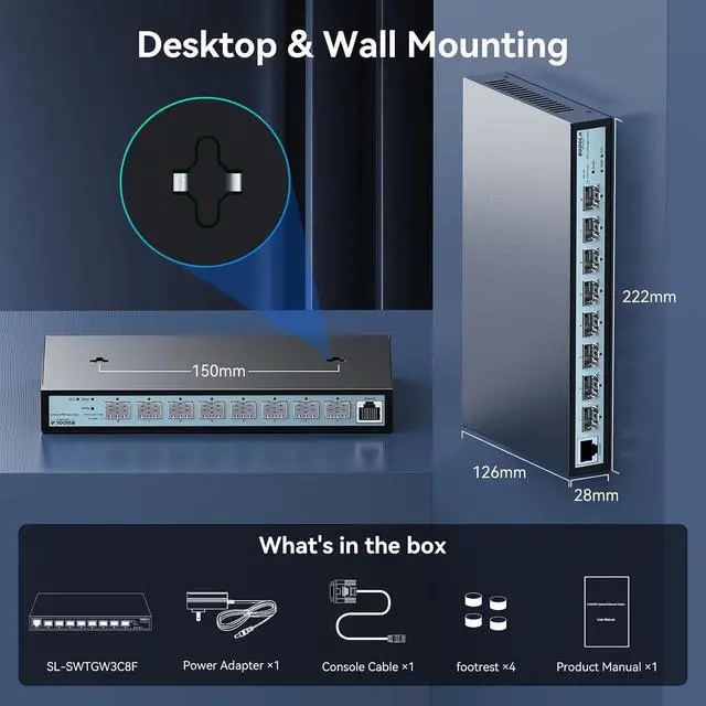 Alt view image 7 of 7 - 8 Port 10G L3 Managed Switch, 8X10G SFP+ Interface, Link Aggregation/QoS/VLAN/IGMP, Wall Mounted Fanless 10Gb SFP Network Switch(SFPPorts Only,Transceiver is NOT Included
