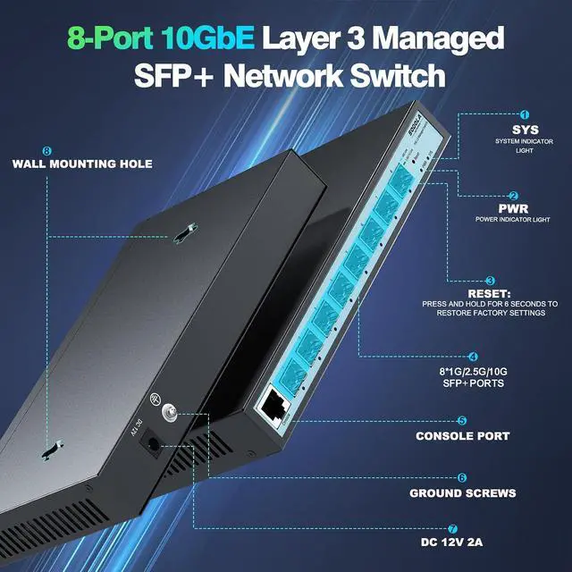 Alt view image 5 of 7 - 8 Port 10G L3 Managed Switch, 8X10G SFP+ Interface, Link Aggregation/QoS/VLAN/IGMP, Wall Mounted Fanless 10Gb SFP Network Switch(SFPPorts Only,Transceiver is NOT Included