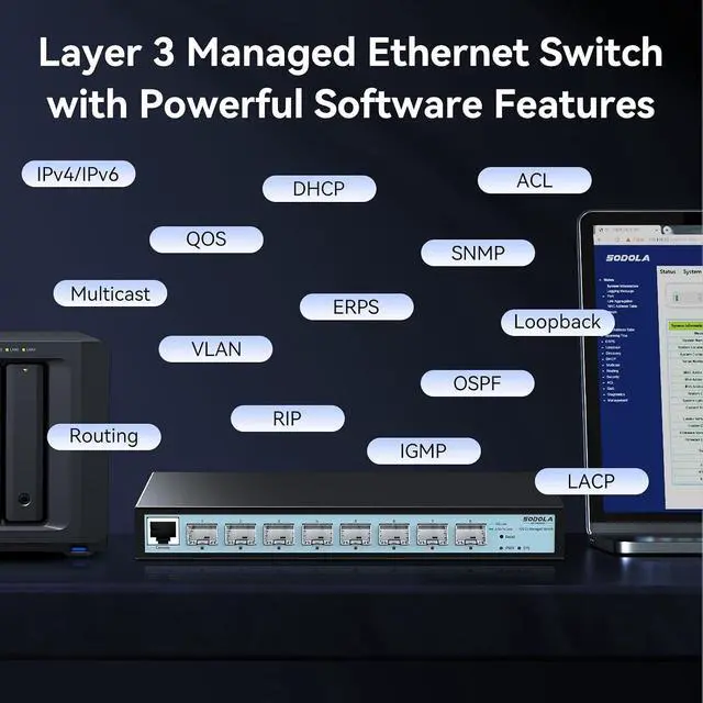 Alt view image 4 of 7 - 8 Port 10G L3 Managed Switch, 8X10G SFP+ Interface, Link Aggregation/QoS/VLAN/IGMP, Wall Mounted Fanless 10Gb SFP Network Switch(SFPPorts Only,Transceiver is NOT Included