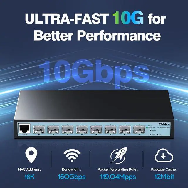 Alt view image 2 of 7 - 8 Port 10G L3 Managed Switch, 8X10G SFP+ Interface, Link Aggregation/QoS/VLAN/IGMP, Wall Mounted Fanless 10Gb SFP Network Switch(SFPPorts Only,Transceiver is NOT Included