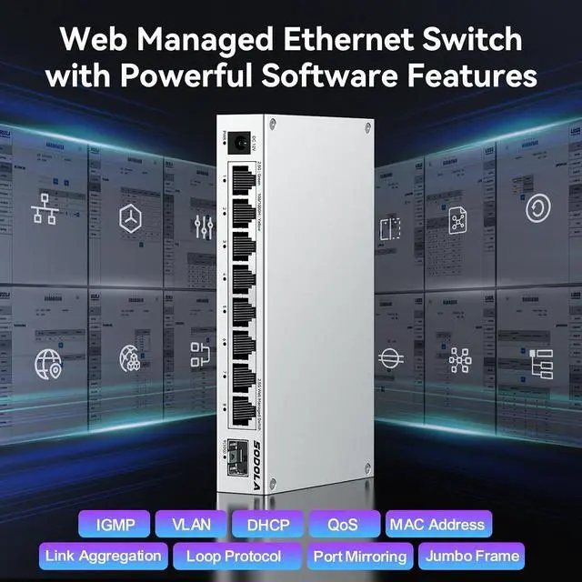 Alt view image 5 of 7 - 8-Port 2.5Gb Web Managed Switch with 10G SFP+, Aluminum Alloy Cooling & Magnetic Mounting - LACP/QoS/VLAN/IGMP Managed Multi-Gigabit Switch for Homelab