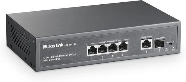 Main image of 4 Port PoE Switch, 1 Gigabit Uplink, 1 SFP, IEEE802.3af/at 75W, PoE Watchdog AI Detection, QoS, Fanless Metal Plug & Play Ethernet Switch