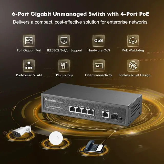 Alt view image 7 of 7 - 4 Port PoE Switch, 1 Gigabit Uplink, 1 SFP, IEEE802.3af/at 75W, PoE Watchdog AI Detection, QoS, Fanless Metal Plug & Play Ethernet Switch