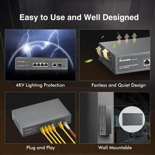 Alt view image 2 of 7 - 4 Port PoE Switch, 1 Gigabit Uplink, 1 SFP, IEEE802.3af/at 75W, PoE Watchdog AI Detection, QoS, Fanless Metal Plug & Play Ethernet Switch