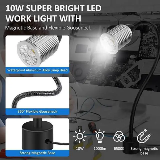 Alt view image 3 of 7 - 10W Magnetic Machine LED Work Light with Flexible Gooseneck and Magnetic Base, 1000lm, 6500k Magnetic Base Tool Lamp for Work Bench, lathe, Sewing Machine, Grill, Shop, Industrial Lighting