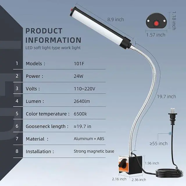 Alt view image 3 of 6 - 24W LED Magnetic Work Light, 2400 Lumen Flexible Gooseneck Work Light with Adjustable Magnetic Base, Industrial Light for Lathe CNC Milling Drillpress Sewing Machine