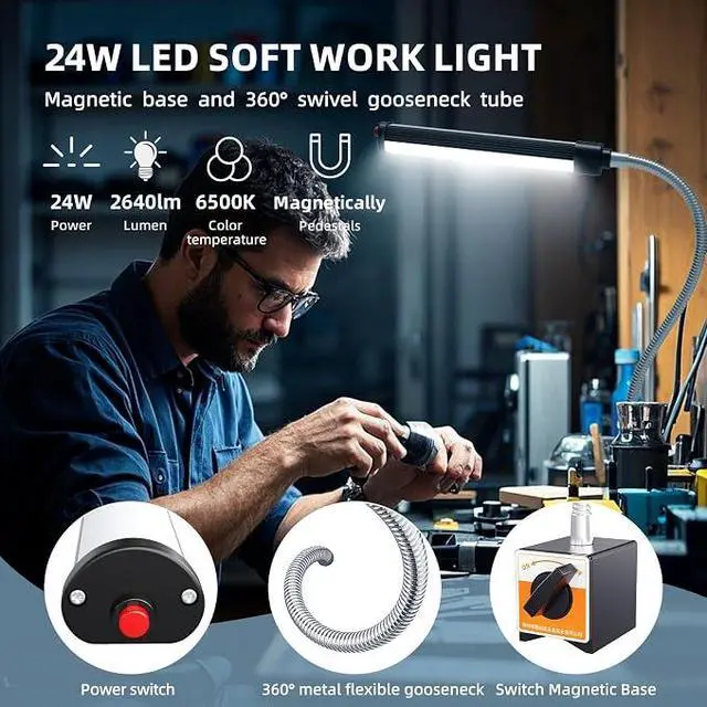 Alt view image 6 of 6 - 24W LED Magnetic Work Light, 2400 Lumen Flexible Gooseneck Work Light with Adjustable Magnetic Base, Industrial Light for Lathe CNC Milling Drillpress Sewing Machine