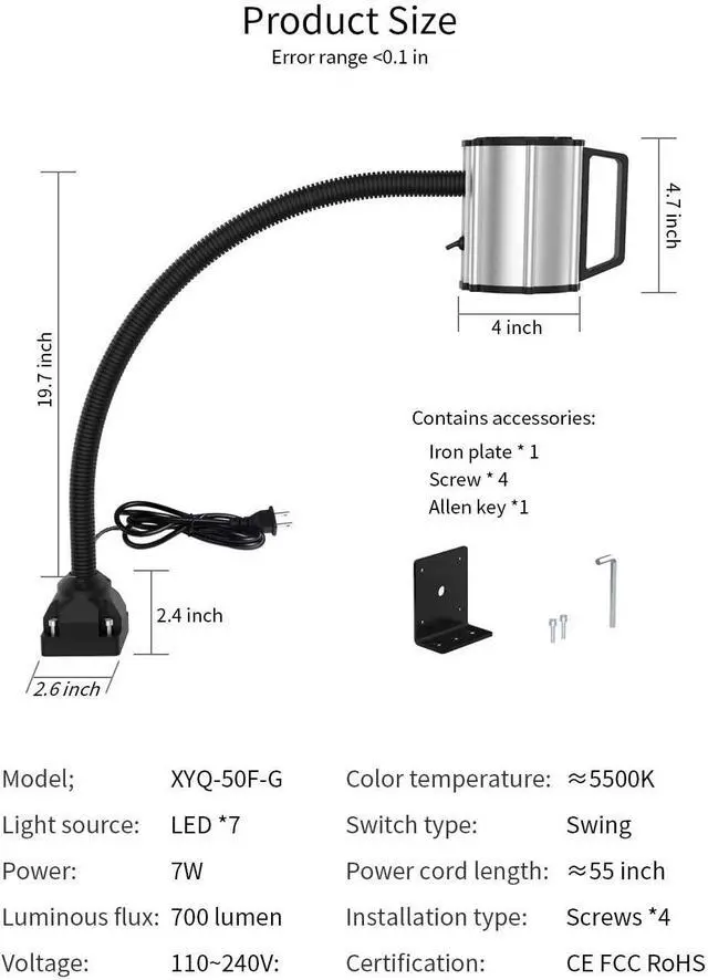 Alt view image 2 of 7 - Work Desk Light, Machine Work Light, LED Flexible Gooseneck Light 700 Lumens IP66 Water and Dust Resistant 110-240 Volt Universal Fixed Base Work Light for Machine Tool and Lathe Industrial Lighting