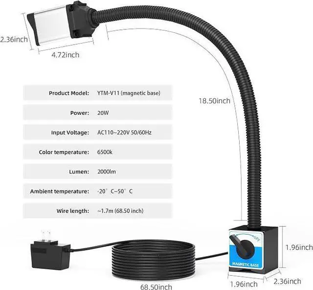 Main image of LED Work Light, Flexible Gooseneck Lamp, 2000 Lumen Machine Magnetic Light for Lathe CNc Milling Drill Press Sewing Machine IndustrialLighting,120V