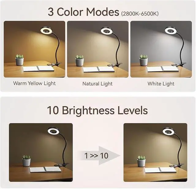 Alt view image 6 of 7 - LED Desk Lamp Clip on Light with 3 Color Modes 10 Brightness Ring/Clamp Light 360° Adjustable Neck Dimmable Eye Protection Desk Lamps for Home Office